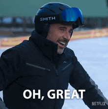a man wearing a smith ski helmet and goggles says oh great