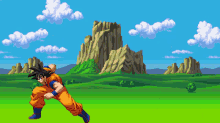 a cartoon of a man standing in a field with mountains in the background