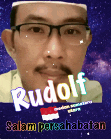 a man wearing glasses and a white hat with the name rudolf on it
