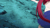 a girl with red hair and a blue skirt is standing in front of a blue background