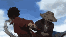 a man in a straw hat is fighting another man in a red shirt