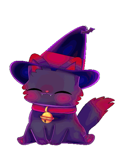 a black cat wearing a witch hat and a bell