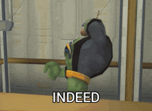 a cartoon character with the word indeed written below him