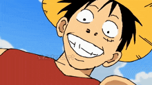 a cartoon drawing of monkey d luffy smiling with a blue sky behind him