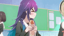 a girl with purple hair is holding a piece of bread in her hands