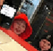 a pixel art drawing of a person wearing a red hooded jacket .