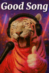 a tiger wearing headphones and giving a thumbs up