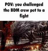 a meme that says " pov : you challenged the bdm crew pet to a fight " with a picture of a monster
