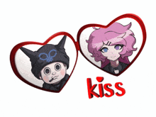 two hearts with a boy and a girl and the word kiss on the bottom