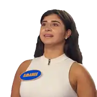 a woman wearing a white tank top has a name tag that says amanee