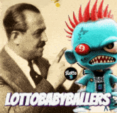 a man in a suit and tie stands next to a blue monster with a mohawk