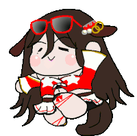 a pixel art drawing of a girl wearing sunglasses and a red dress