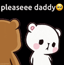 two teddy bears are standing next to each other and the words pleaseee daddy are above them