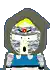 a pixel art drawing of a cartoon character wearing a hood and a mask .