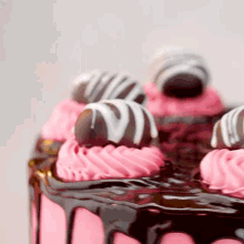 a close up of a chocolate cake with pink frosting