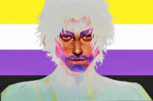a colorful painting of a man with a purple and yellow flag in the background