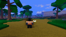a cartoon character is walking down a dirt path in a video game