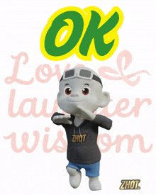 a cartoon character is standing in front of a sign that says " ok "
