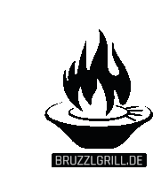 a black and white logo for bruzzlgrill.de with a bowl of food on fire