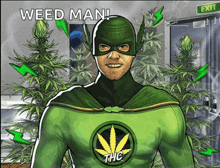 a cartoon of a man in a green superhero costume that says thc on it