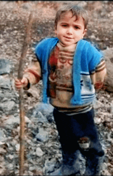 a young boy in a blue sweater holds a stick