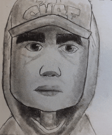 a black and white drawing of a man wearing a hat that says chef