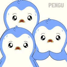 three penguins are standing next to each other and the word pengu is on the bottom right