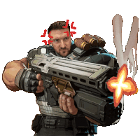 a cartoon of a man holding a gun with a red l on his forehead