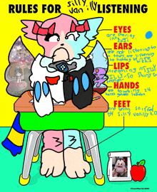 a cartoon of a cat at a desk with rules for listening