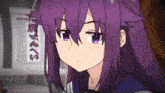 a close up of a purple haired anime girl with a sign in the background that says hearts