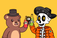 a cartoon of a teddy bear and a skeleton holding bottles of mirinda