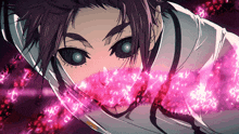 a close up of a person 's face with a purple glow around them