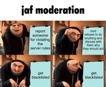 gru from despicable me is holding a clipboard with the words " report someone for violating the server rules " on it