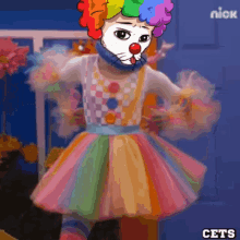 a cartoon of a cat dressed as a clown with the nick logo behind it