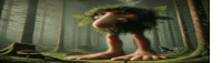 a troll with a leaf on his head is standing in the woods .