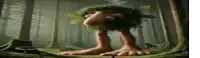 a troll with a leaf on his head is standing in the woods .
