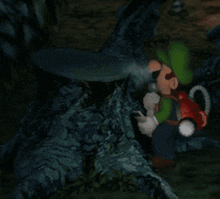 a video game character named luigi is standing next to a tree trunk