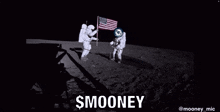 a black and white photo of two astronauts on the moon with the caption smoooney .