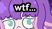 a cartoon girl with purple hair has the word wtf above her