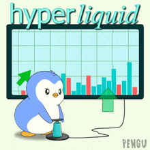 a penguin pumping a balloon in front of a screen which says hyper liquid