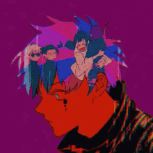a colorful drawing of a person with horns on their head .