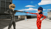 a ladybug and cat noir are standing next to each other on a rooftop