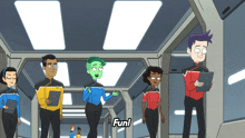 a group of cartoon characters are walking down a hallway and one of them is saying fun