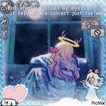 a drawing of a girl with an angel halo looking out a window