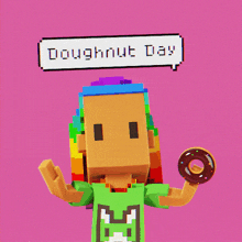 a cartoon character holding a doughnut and a speech bubble that says doughnut day