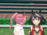 two anime girls are standing next to each other in front of a crowd in a stadium