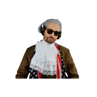 a man wearing a wig and sunglasses giving a peace sign
