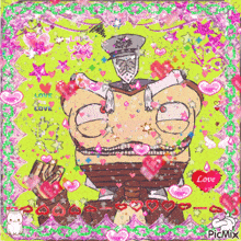 a picture of a cartoon character with hearts and the words love as love