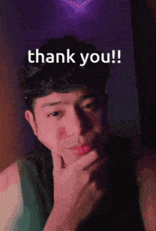 a man with his hand on his chin and the words thank you written above him