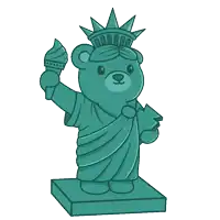 a teddy bear is standing next to the statue of liberty holding a torch
